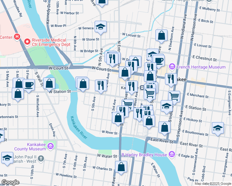 map of restaurants, bars, coffee shops, grocery stores, and more near 327 South 3rd Avenue in Kankakee