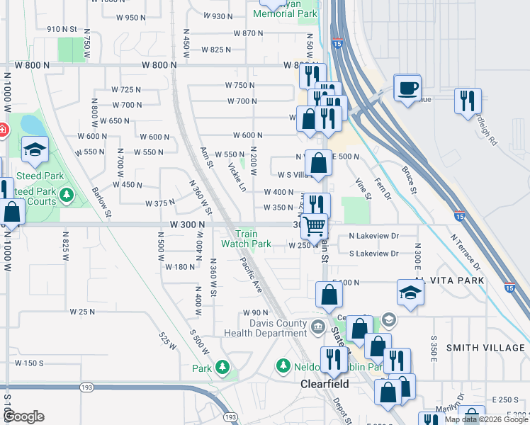 map of restaurants, bars, coffee shops, grocery stores, and more near 183 West 350 North in Clearfield