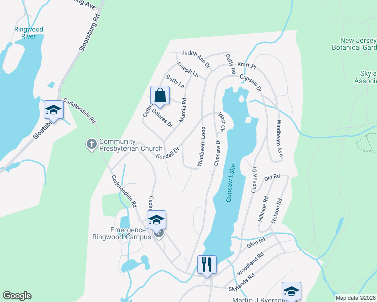 map of restaurants, bars, coffee shops, grocery stores, and more near 64 Windbeam Loop in Ringwood