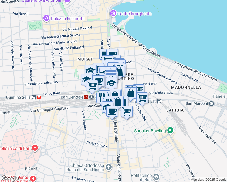map of restaurants, bars, coffee shops, grocery stores, and more near Corso Cavour in Bari