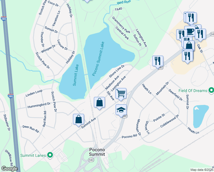 map of restaurants, bars, coffee shops, grocery stores, and more near 1351 Madison Avenue in Pocono Summit