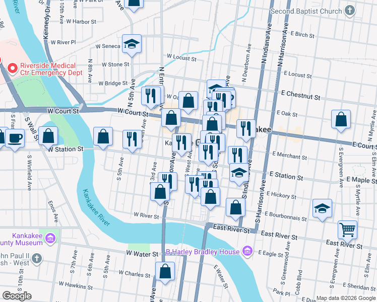 map of restaurants, bars, coffee shops, grocery stores, and more near 125 West Station Street in Kankakee