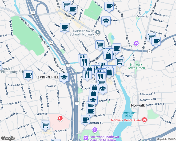 map of restaurants, bars, coffee shops, grocery stores, and more near 26 Belden Avenue in Norwalk
