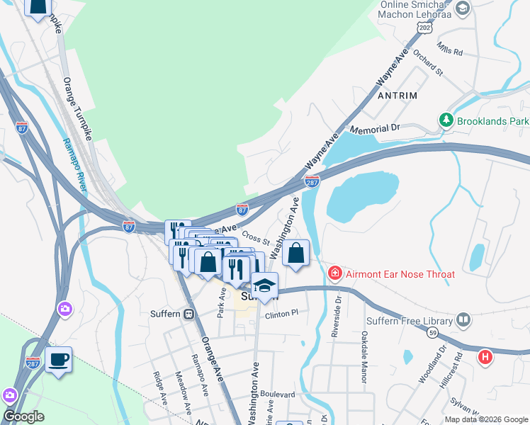 map of restaurants, bars, coffee shops, grocery stores, and more near 61 Wayne Avenue in Suffern
