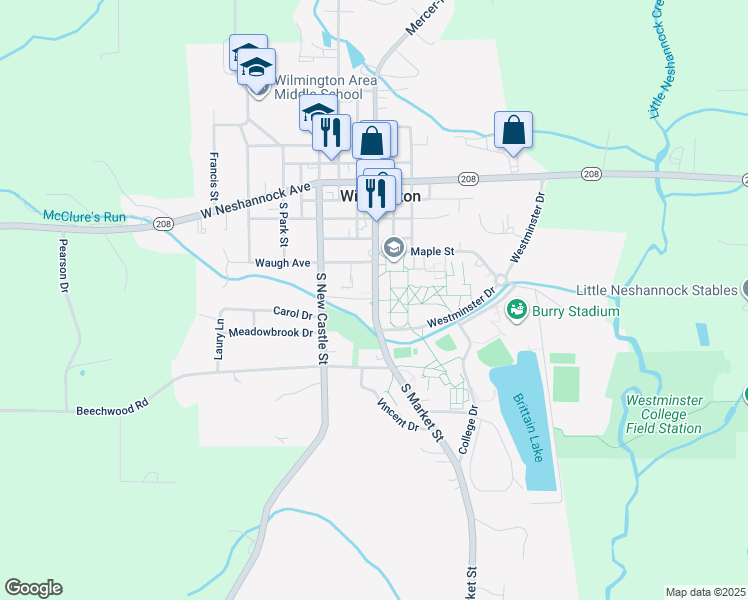 map of restaurants, bars, coffee shops, grocery stores, and more near in NEW WILMNGTN