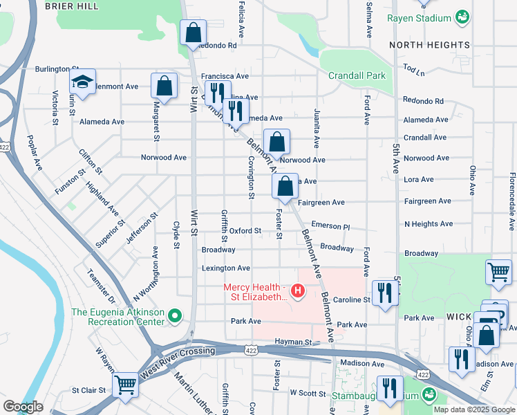 map of restaurants, bars, coffee shops, grocery stores, and more near 634 Fairmont Avenue in Youngstown