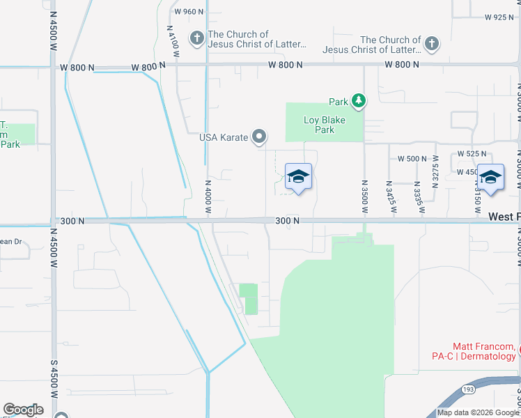 map of restaurants, bars, coffee shops, grocery stores, and more near 3845 West 300 North in West Point