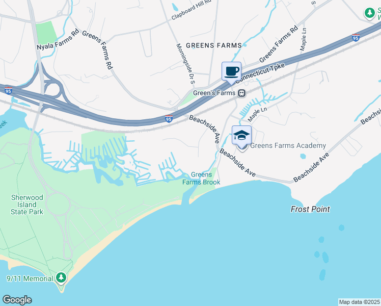 map of restaurants, bars, coffee shops, grocery stores, and more near 13 Beachside Common in Westport