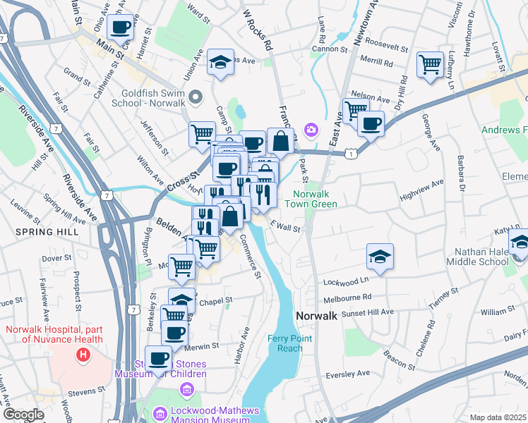 map of restaurants, bars, coffee shops, grocery stores, and more near 11 Wall Street in Norwalk