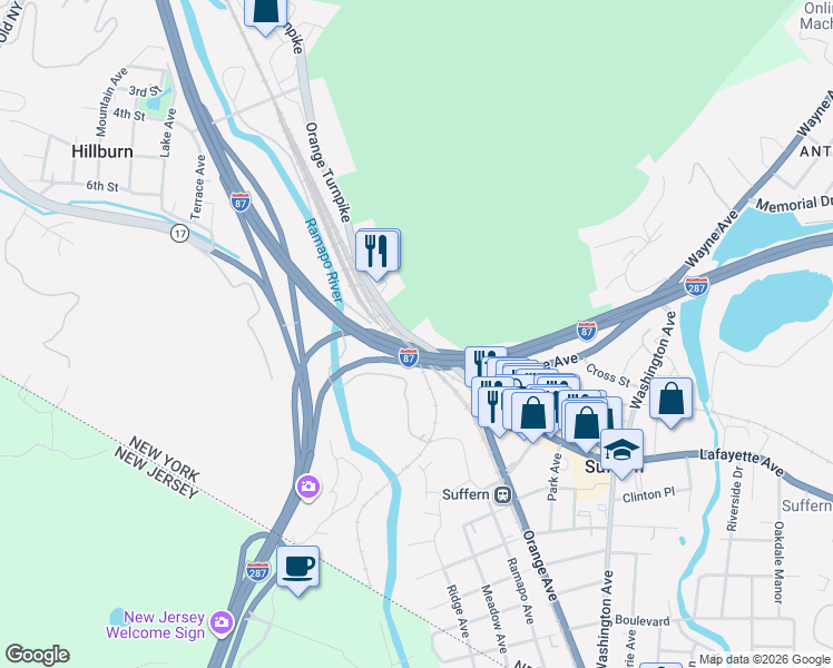 map of restaurants, bars, coffee shops, grocery stores, and more near in Suffern