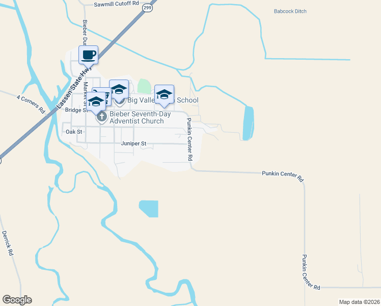 map of restaurants, bars, coffee shops, grocery stores, and more near 501 Fir Street in Adin