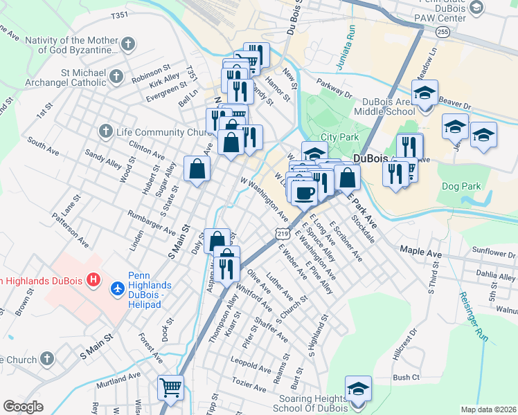 map of restaurants, bars, coffee shops, grocery stores, and more near 117 South Jared Street in DuBois