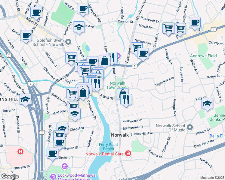 map of restaurants, bars, coffee shops, grocery stores, and more near in Norwalk