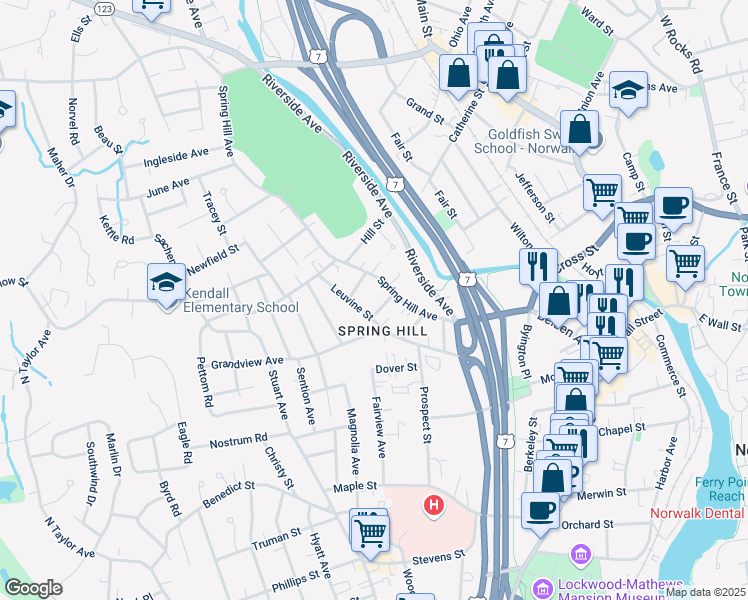 map of restaurants, bars, coffee shops, grocery stores, and more near 8 Leuvine Street in Norwalk