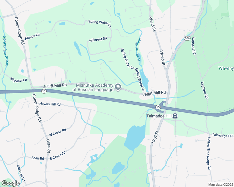 map of restaurants, bars, coffee shops, grocery stores, and more near Merritt Parkway in New Canaan
