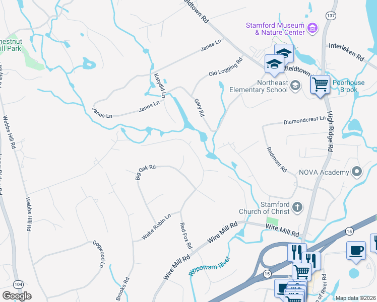 map of restaurants, bars, coffee shops, grocery stores, and more near 204 Big Oak Road in Stamford