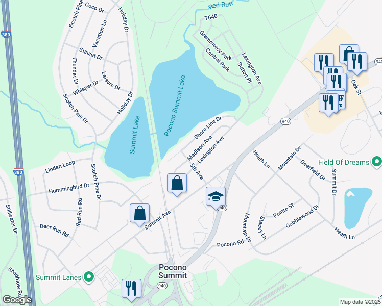map of restaurants, bars, coffee shops, grocery stores, and more near 1351 Madison Avenue in Pocono Summit