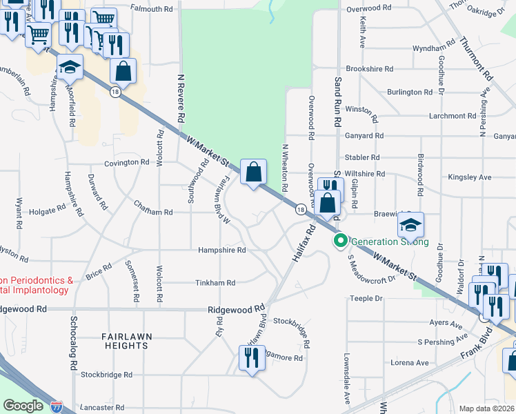 map of restaurants, bars, coffee shops, grocery stores, and more near 47 South Wheaton Road in Akron