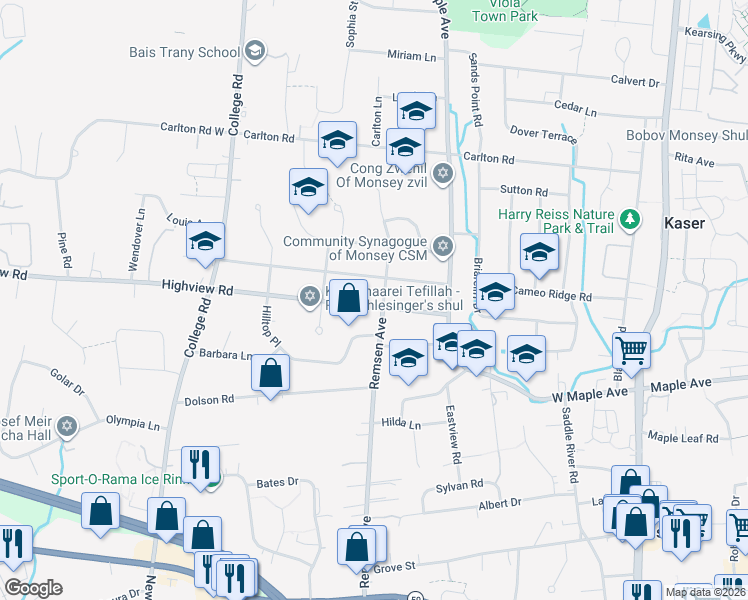 map of restaurants, bars, coffee shops, grocery stores, and more near 40 Hilltop Place in Monsey