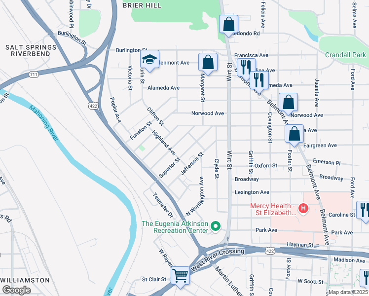 map of restaurants, bars, coffee shops, grocery stores, and more near 157 Superior Street in Youngstown
