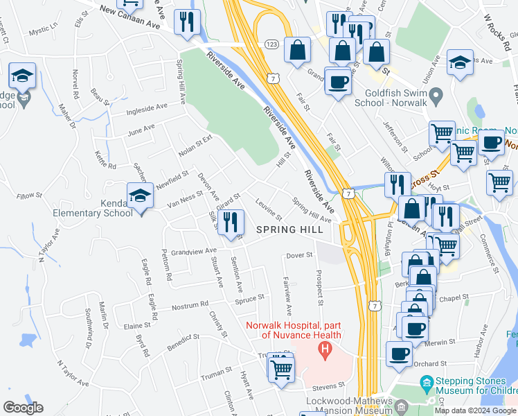 map of restaurants, bars, coffee shops, grocery stores, and more near 22 Leuvine Street in Norwalk