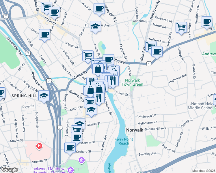 map of restaurants, bars, coffee shops, grocery stores, and more near 10 Wall St in Norwalk