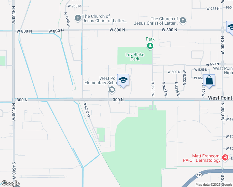 map of restaurants, bars, coffee shops, grocery stores, and more near 3788 West 300 North in West Point