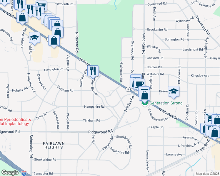 map of restaurants, bars, coffee shops, grocery stores, and more near 47 South Wheaton Road in Akron