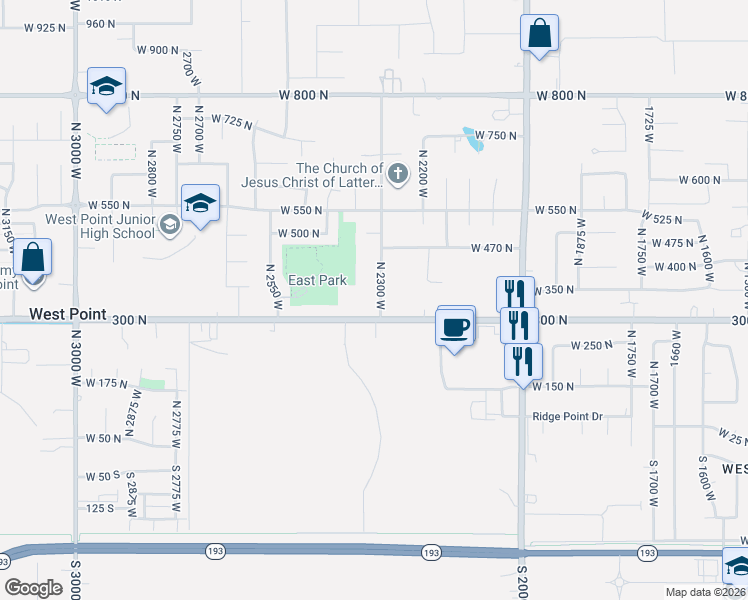 map of restaurants, bars, coffee shops, grocery stores, and more near 343 North 2300 West in West Point
