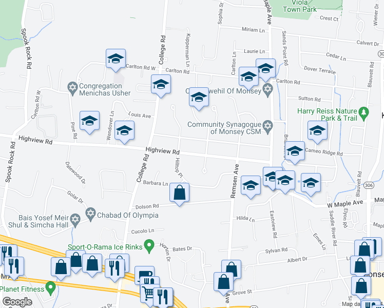 map of restaurants, bars, coffee shops, grocery stores, and more near 33 Highview Road in Monsey