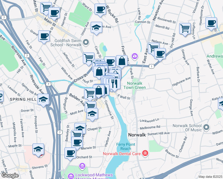 map of restaurants, bars, coffee shops, grocery stores, and more near 12 High Street in Norwalk