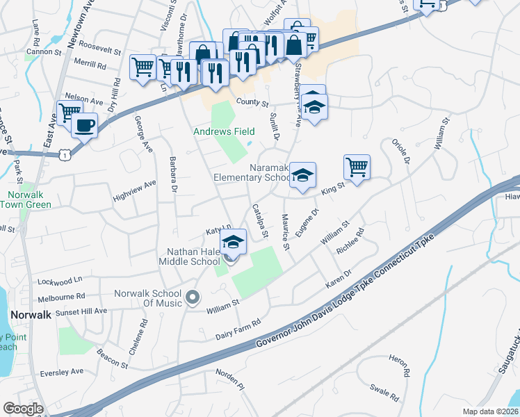 map of restaurants, bars, coffee shops, grocery stores, and more near 219 Strawberry Hill Avenue in Norwalk