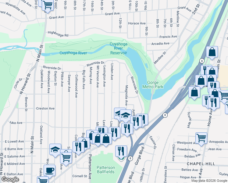 map of restaurants, bars, coffee shops, grocery stores, and more near 1244 Linden Avenue in Akron
