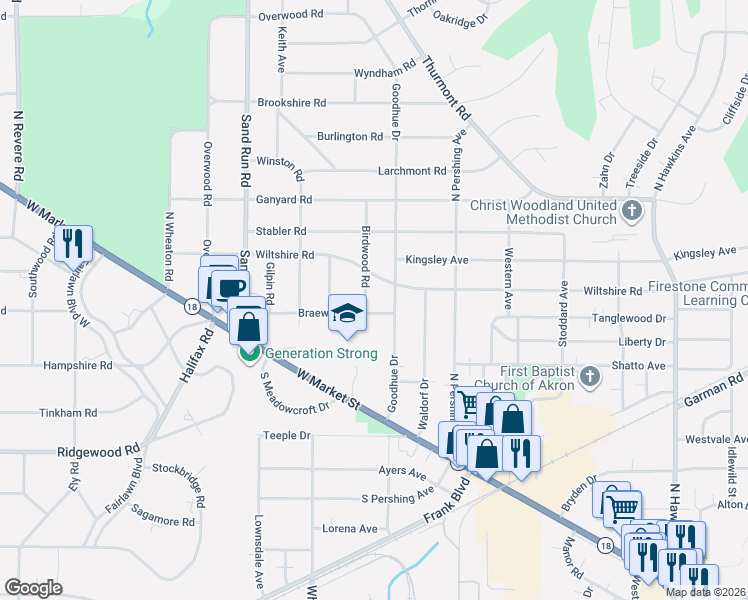 map of restaurants, bars, coffee shops, grocery stores, and more near 155 Birdwood Road in Akron