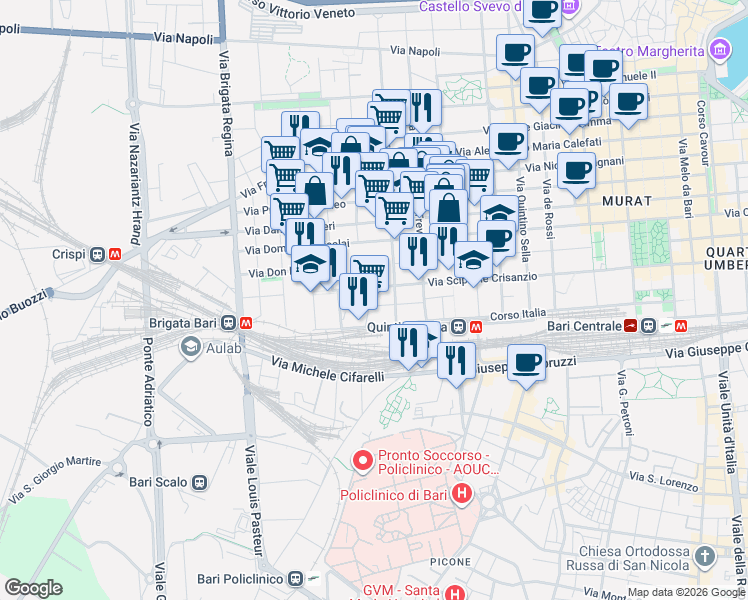 map of restaurants, bars, coffee shops, grocery stores, and more near 189 Via Scipione Crisanzio in Bari