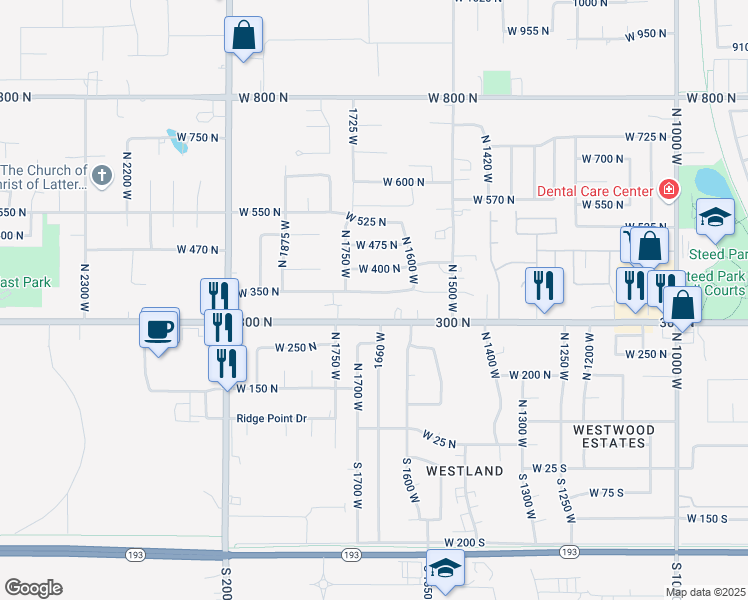 map of restaurants, bars, coffee shops, grocery stores, and more near 1681 West 350 North in West Point