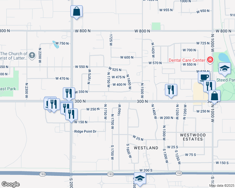 map of restaurants, bars, coffee shops, grocery stores, and more near 1681 West 350 North in West Point