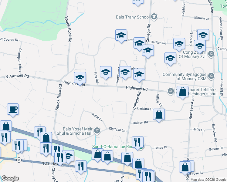 map of restaurants, bars, coffee shops, grocery stores, and more near 2 Wendover Lane in Suffern