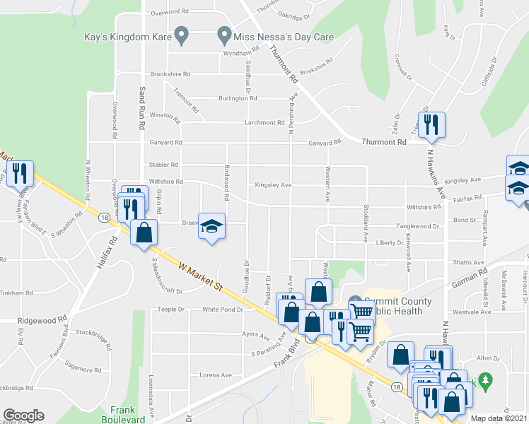 map of restaurants, bars, coffee shops, grocery stores, and more near 172 Waldorf Drive in Akron
