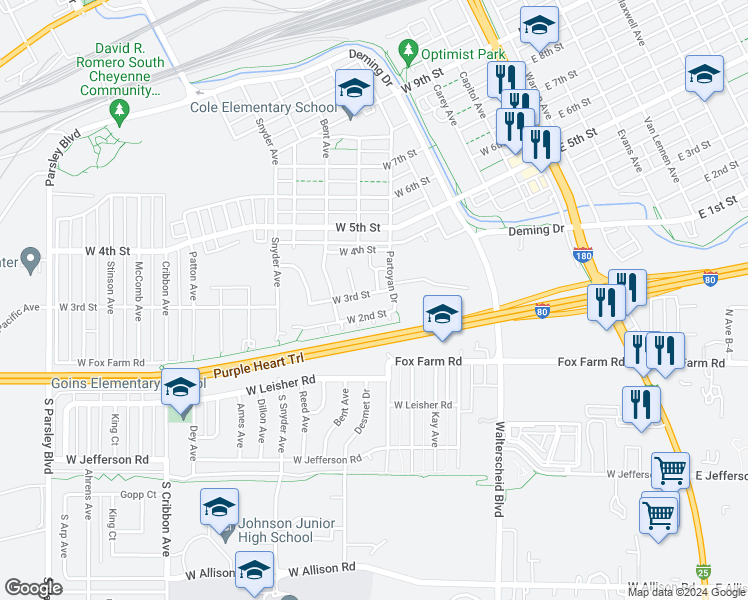 map of restaurants, bars, coffee shops, grocery stores, and more near 527 West 3rd Street in Cheyenne