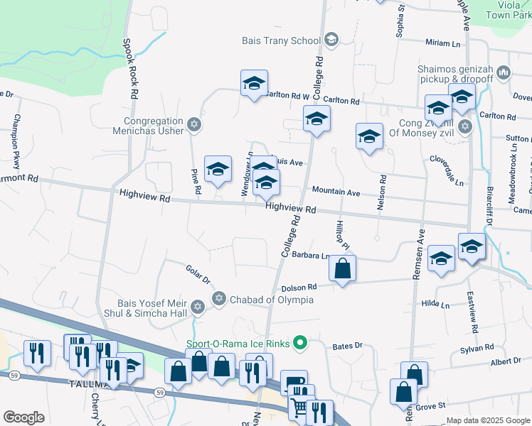 map of restaurants, bars, coffee shops, grocery stores, and more near 70 Highview Road in Monsey
