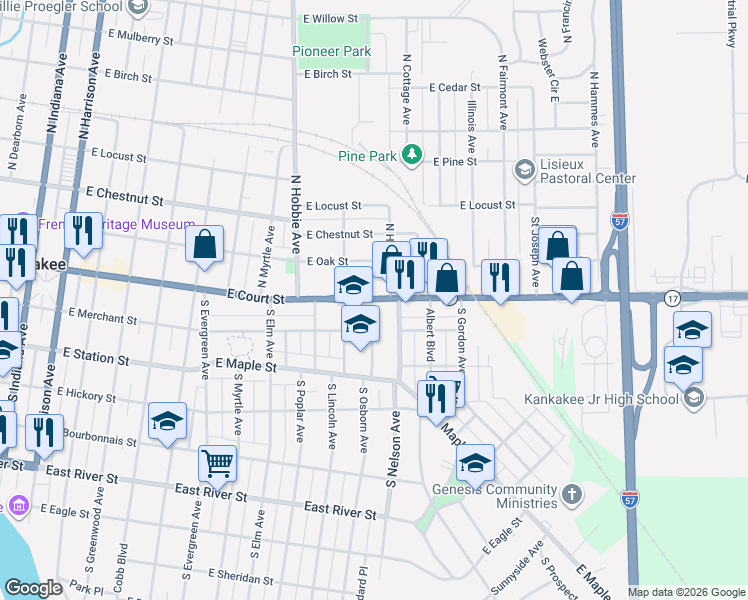 map of restaurants, bars, coffee shops, grocery stores, and more near 155 North Hunter Avenue in Kankakee