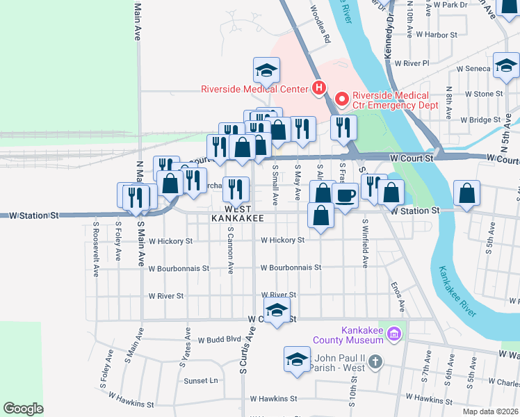 map of restaurants, bars, coffee shops, grocery stores, and more near 220 South Curtis Avenue in Kankakee