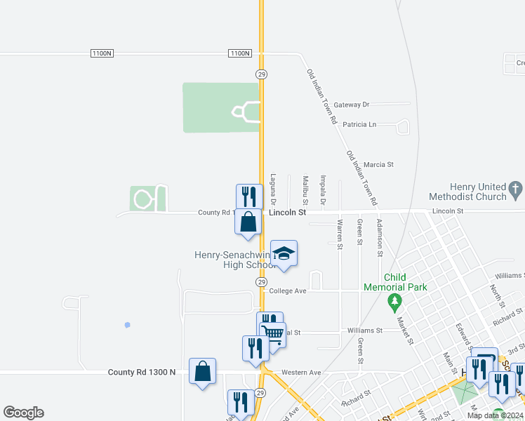 map of restaurants, bars, coffee shops, grocery stores, and more near 1100 University Street in Henry