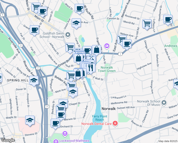 map of restaurants, bars, coffee shops, grocery stores, and more near 12 High Street in Norwalk