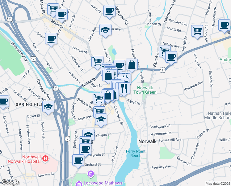 map of restaurants, bars, coffee shops, grocery stores, and more near 12 High Street in Norwalk