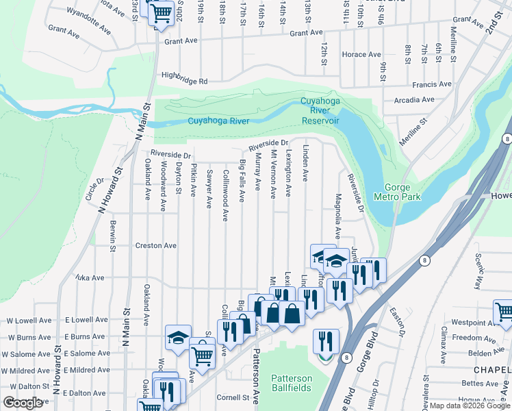 map of restaurants, bars, coffee shops, grocery stores, and more near 1252 Murray Avenue in Akron