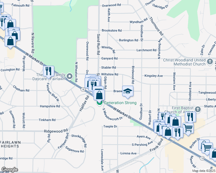 map of restaurants, bars, coffee shops, grocery stores, and more near 95 Gilpin Road in Akron