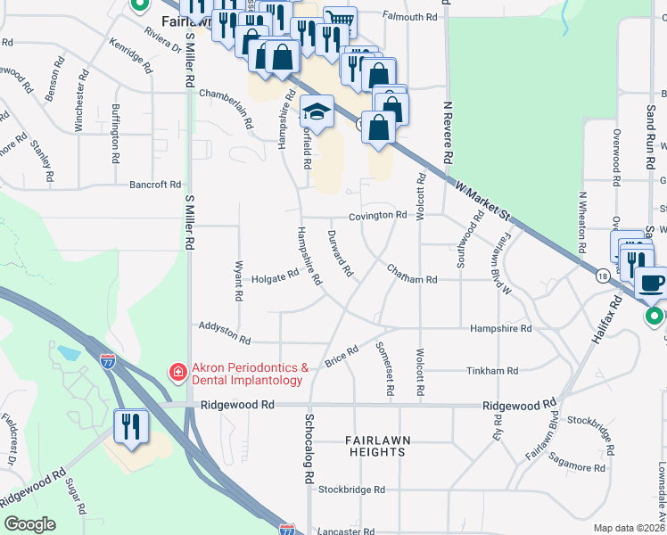 map of restaurants, bars, coffee shops, grocery stores, and more near 174 Durward Road in Akron