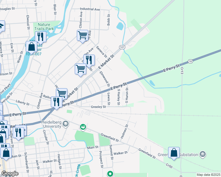 map of restaurants, bars, coffee shops, grocery stores, and more near 22 Elmwood Street in Tiffin